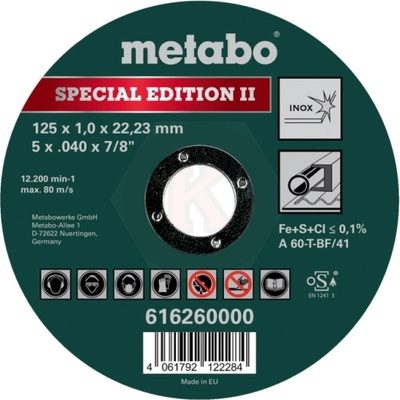 Metabo Диск карбофлексов за рязане на метал и неръждаема стомана INOX 125х1.0х22.2мм A60T BF41 Metabo (616260000)