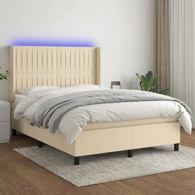 vidaXL Box spring postel s matrací a LED textil krémová
