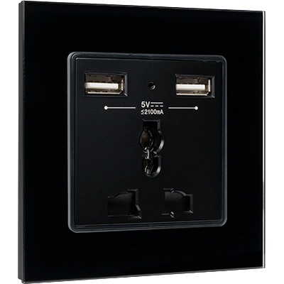 ELMARK УНИВЕРСАЛЕН К-Т 16А С 2Хusb СТЪКЛЕНА РАМКА ЧЕРЕН (195025/bl)