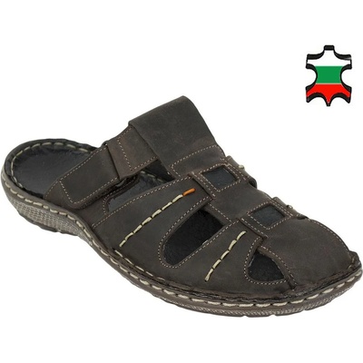 Български обувки Мъжки кафяви чехли от естествена кожа с шевове и велкро