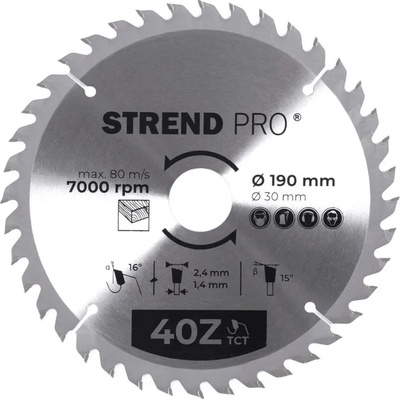 Kotúč Strend Pro TCT 190x2.4x30/20 mm 40T, na drevo, pílový, SK plátky