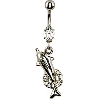 Šperky eshop piercing do pupíku delfín skákající skrz obruč se zirkony W02.22