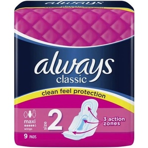Always Дамски превръзки с крилца Always Classic - Maxi Dry, 9 броя