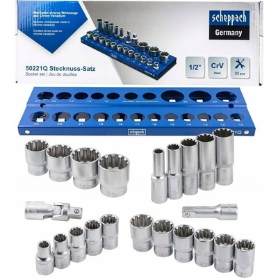 Scheppach Sada zásuvek 1/2 SPLINE 22 ks. (10–32 mm) (12stranný)