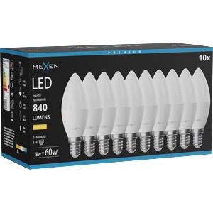 Mexen Nova 10x LED крушка E14, C37, 8W, Топла - 3000K, 840 lm - L102-E14-0830-01x10 (L102-E14-0830-01x10)