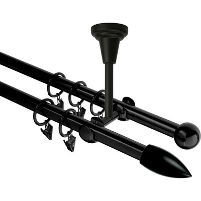 OK-GarnýžeCZ Garnýž kovová dvouřadá 16mm Špice černá 410 cm do stropu / kroužky s žabkou