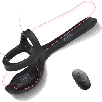 SuperLove Double Penetration 3in1 Vibrating Cock Ring & Testicles Stimulator with Remote Black