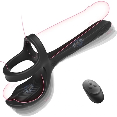 SuperLove Double Penetration 3in1 Vibrating Cock Ring & Testicles Stimulator with Remote Black