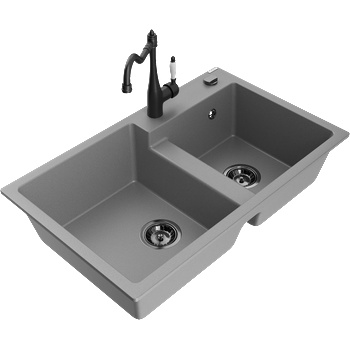 Mexen Tomas гранитна мивка с 2 камери и кухненски смесител Carla, сив - 6516-71-670700-70-B (6516-71-670700-70-B)