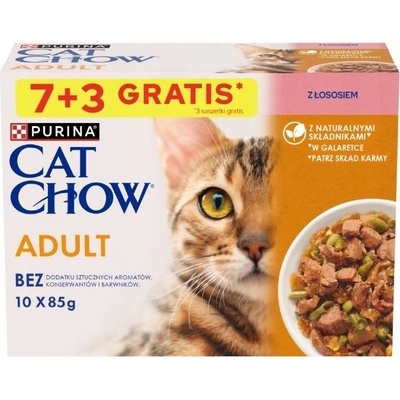 Cat Chow Adult Храна за котки със сьомга и зелен фасул в желе 10x85g (7+3 БЕЗПЛАТНО)