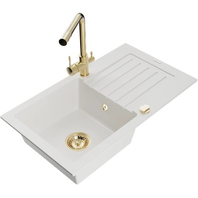 Mexen Pablo гранитна мивка с 1 корито, отцедник и кухненски смесител Duero, бял - 6510-20-671600-50 (6510-20-671600-50)