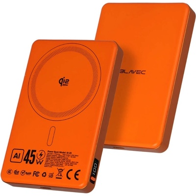 Blavec Преносима външна батерия с USB-C порт и безжично зареждане с MagSafe - Blavec Slim BJ-05 Qi2.2 Magnetic Wireless Charging Power Bank 10000 mAh 45W (оранжев) (PBBJ05-QI22MC10O)