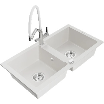 Mexen Mario гранитна кухненска мивка с 2 камери и смесител Duo, бял - 6504-20-671701-02 (6504-20-671701-02)