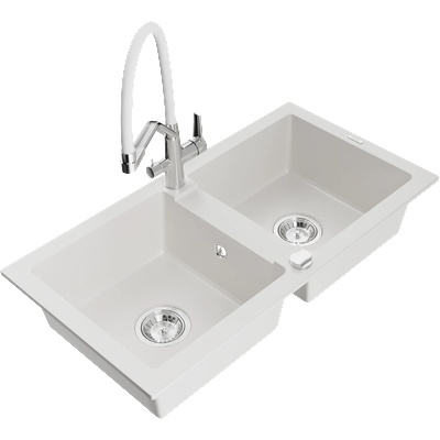 Mexen Mario гранитна кухненска мивка с 2 камери и смесител Duo, бял - 6504-20-671701-02 (6504-20-671701-02)