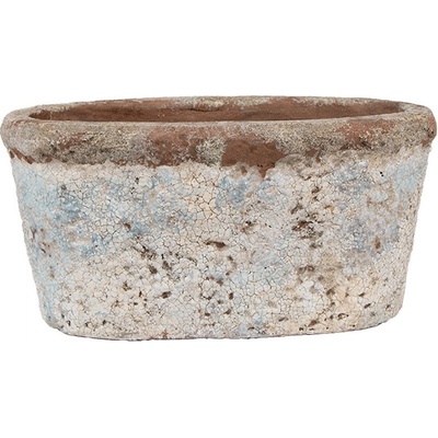 Clayre & Eef Oválný béžovo-modrý antik terakotový květináč Teracci 19x11x10 cm