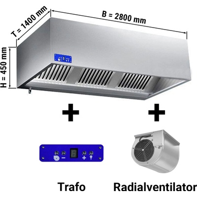 G.Gastro Nástěnná digestoř hranatá 2,8 m - s motorem, regulátorem, filtrem a svítidlem - 14708