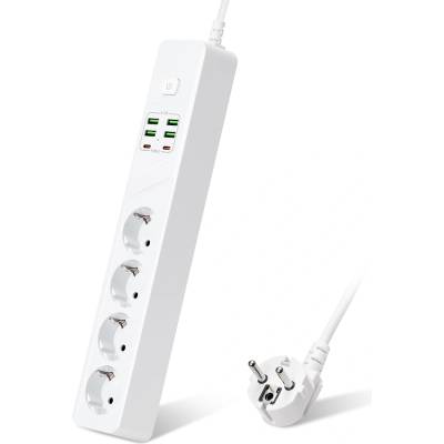 Удължител DLFI, 4 гнезда, 250V, 10A, Кабел, 1.8м. , 4 x USB-F, 2 x USB-C, С ключ, Бял - 17968 (17968)
