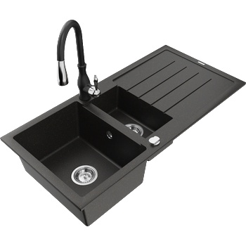 Mexen Andres гранитна мивка с 1, 5 камери с отцедник и кухненски смесител Savita, черен/златист металик - 6515-75-672601-70 (6515-75-672601-70)
