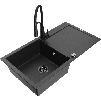 Mexen Leo гранитна мивка с 1 отделение, отцедник и кухненски смесител Aster, черен/сребрист металик - 6501-73-73450-70-B (6501-73-73450-70-B)