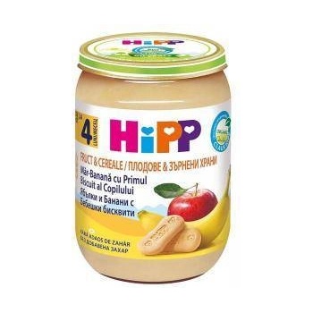 HiPP Пълнозърнеста био каша с ябълки, банани и бисквити hipp, 4+ месеца, 190гр