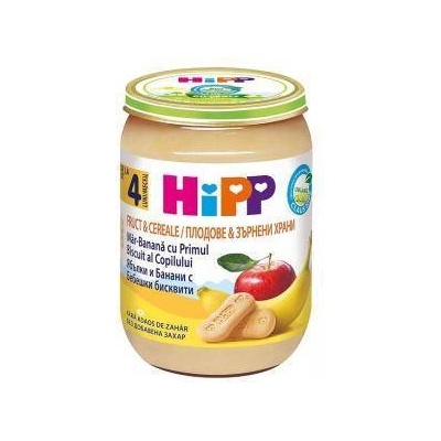 HiPP Пълнозърнеста био каша с ябълки, банани и бисквити hipp, 4+ месеца, 190гр
