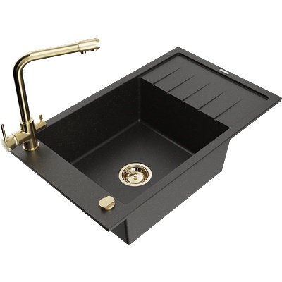 Mexen Elias мивка от гранит с 1 отделение с отцеждач и кухненски смесител Duero, черен/златист металик - 6511-75-671600-50 (6511-75-671600-50)