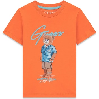 GUESS Оранжева тениска за мини момче с цветно мече отпред и син надпис Guess