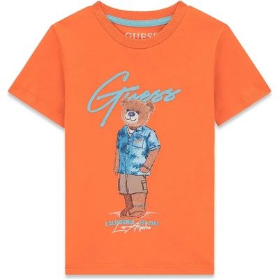 GUESS Оранжева тениска за мини момче с цветно мече отпред и син надпис Guess