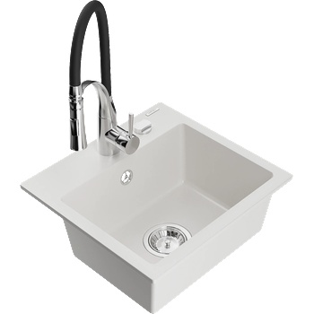 Mexen Milo кухненска мивка от гранит с 1 корито и кухненски смесител Aster, бял - 6505-20-73450-07 (6505-20-73450-07)