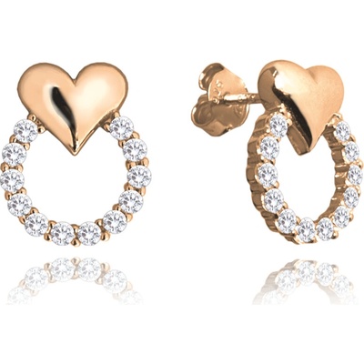 MINET 1401 Rose gold stříbrné náušnice se srdíčky LOVE s bílými zirkony