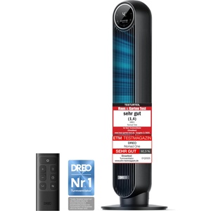 DREO Quiet tower fan, 10 m throw, 8 speed levels, 4 modes, 8 hour timer, 90° oscillating fan with cooling remote control for bedroom, tower fan 307, black - DR-HTF007 (DR-HTF007)