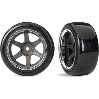 Traxxas Гуми за дрифт 1: 10 Tires & wheels, assembled, glued (six spoke graphite gray wheels, 1.9" Drift tires (2 dots, soft, smooth surfaces)) (wide, rear) TRX10576 (TRX10576)