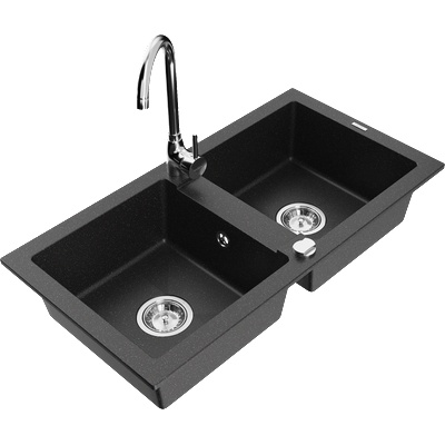 Mexen Mario гранитна мивка с 2 отделения и кухненски смесител Telma, черен/сребърен - 6504-73-670200-00 (6504-73-670200-00)