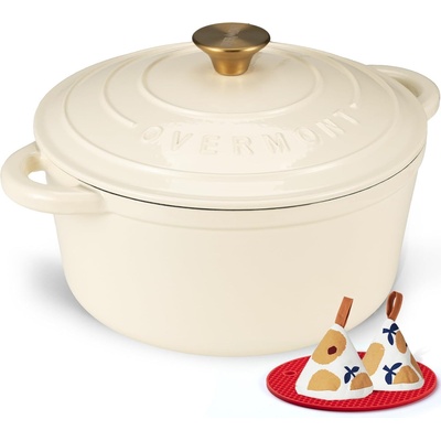 Overmont roasting pan enamel cast iron pot - casserole 28cm oven-safe - with lid and cookbook - for kitchen baking stewing roasting white - Enamelled