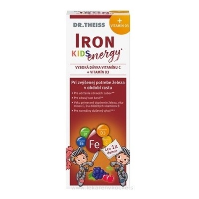 Dr. Theiss Kids Iron Energy sirup s železem, vitamínem D3 a vitamíny, hroznová příchuť 250 ml