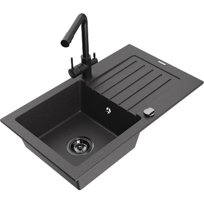 Mexen Pablo гранитна мивка с 1 корито с отцедник и кухненски смесител Duero, черна с пръски - 6510-76-671600-70-B (6510-76-671600-70-B)