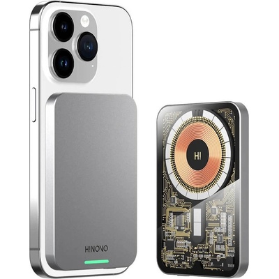 Hinovo Magnetic Wireless Power Bank 5000 mAh 20W - преносима външна батерия с USB-C порт и безжично зареждане с MagSafe (сив)