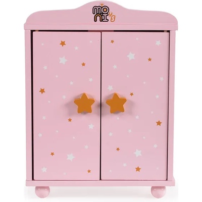 Moni Toys Дървен гардероб за кукли с 3 закачалки розов