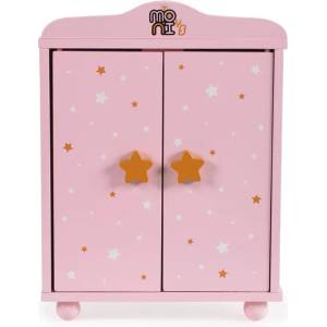 Moni Toys Дървен гардероб за кукли с 3 закачалки розов
