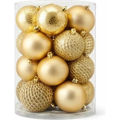 DECOLED Sada vianočných ozdôb zlatá 8 cm plastová banka, 4× vráskavá, 4× matná, 4× trblietavá, balenie 16 ks