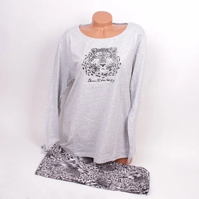 Дамска памучна макси пижама в сив цвят с леопард