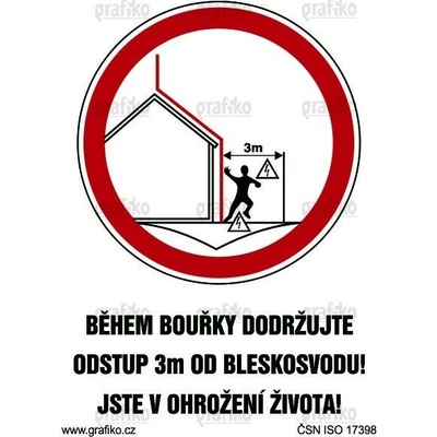 Grafiko | Během bouřky dodržujte odstup 3m od bleskosvodu! - Text obrázku Během bouřky dodržujte odstup 3m od bleskosvodu!, Materiál Hliník, Rozměr 297x210mm