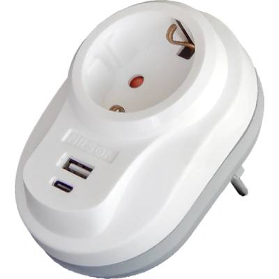 NILSON Адаптер със защита и USB+C TYPE, Шуко Nilson, Бял Нилсон (40130107)