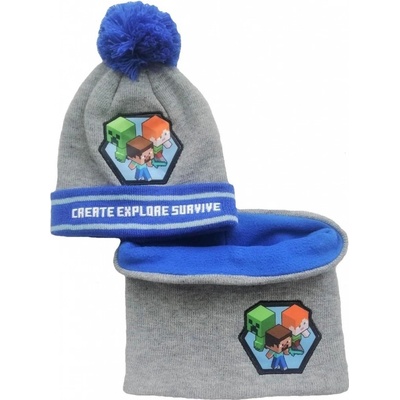 FASHION UK Čepice + nákrčník MINECRAFT modrošedá