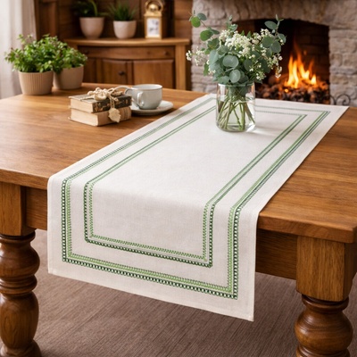 Evenit Behúň šerpa vyšívaná bielo zelený 0833 Polyester 40x85 cm
