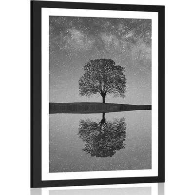 Plakát s paspartou hvězdná obloha nad osamělým stromem v černobílém provedení - 40x60 no frame