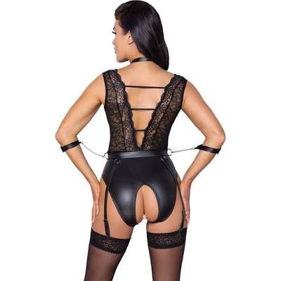 Cottelli Bondage - čipkované body s nákrčníkom čierne