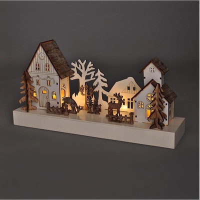 Solight LED vánoční vesnička 34x17cm dřevo 4 LED 2x AA
