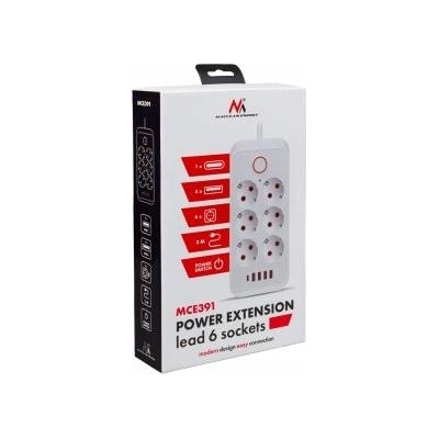 Maclean power strip, 6-outlet extension cord + 4xUSB, 110-240V AC 50/60Hz, 2.1A max 2500W, 3m, white, MCE391 W