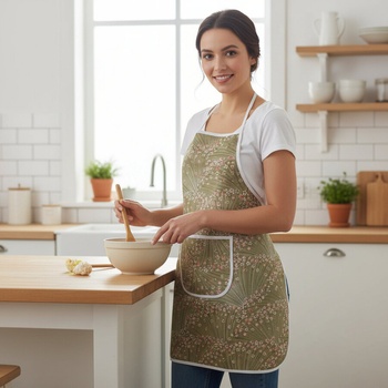 Престилка за готвене в маслено зелено с малки нежни цветя